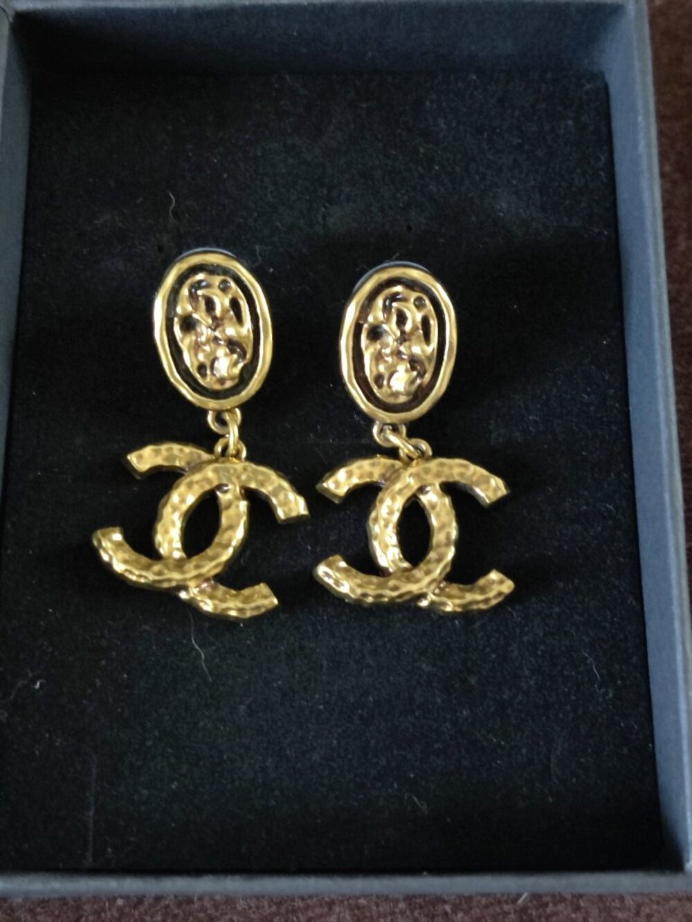 Antique Gold Tone and Black Hammered Dangle Earrings